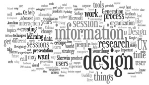 Word cloud of session descriptions for InfoCamp: Information, Design, Research, User, IA, etc...