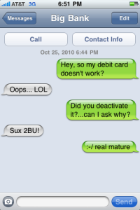 Cheeky screenshot of text exchange with a big, uncaring bank